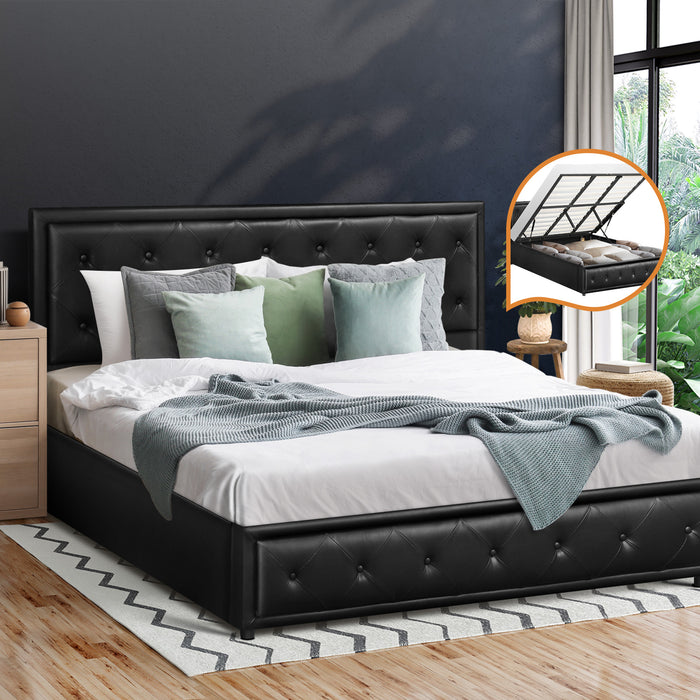 Bed Frame King Size Gas Lift Base With Storage Black Leather