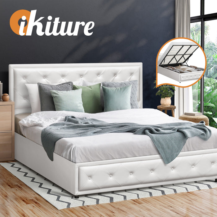 Bed Frame King Size Gas Lift Base With Storage White Leather
