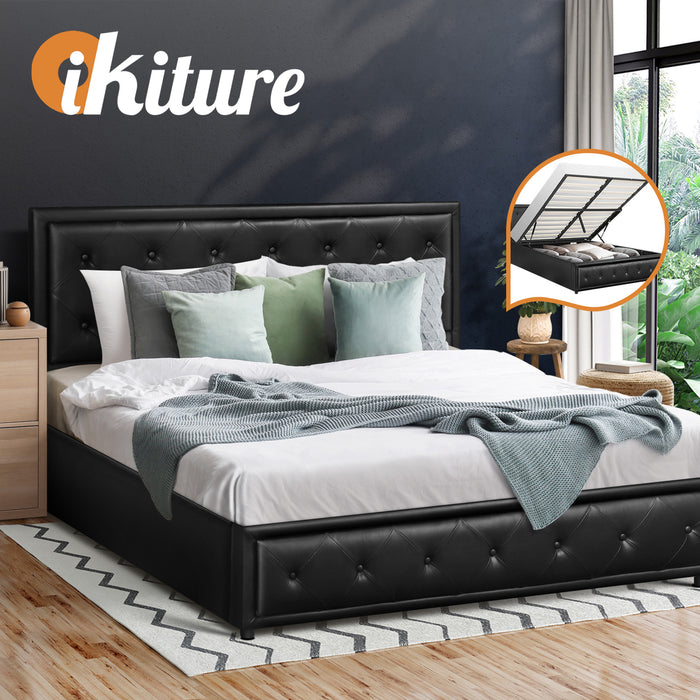 Bed Frame Queen Size Gas Lift Base With Storage Black Leather