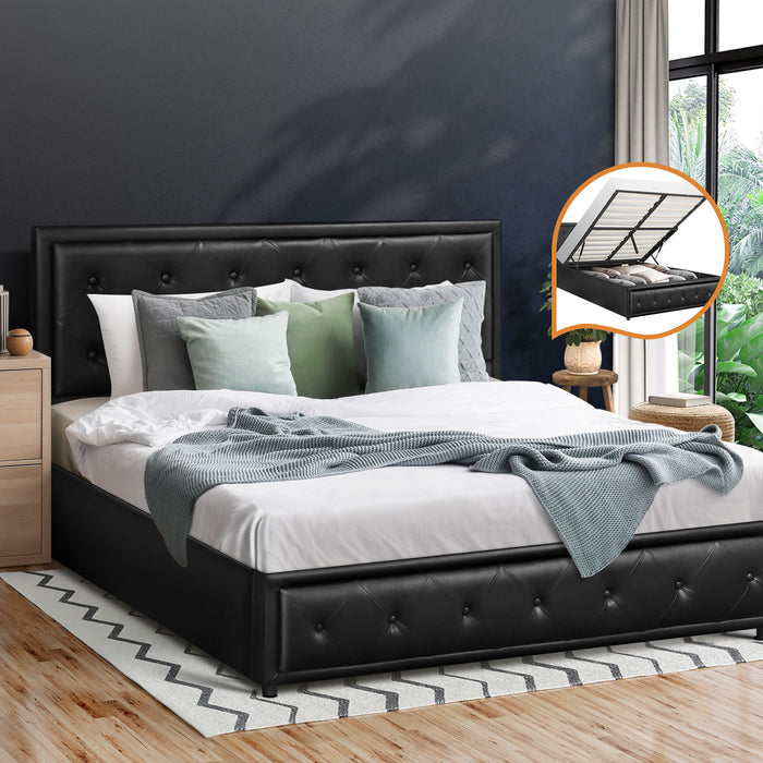 Bed Frame Queen Size Gas Lift Base With Storage Black Leather