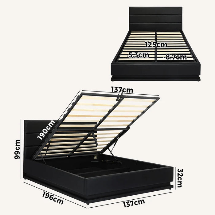 Oikiture Bed Frame Double Size Rgb Led Gas Lift Storage Base Black