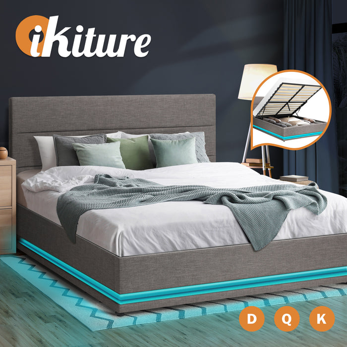 Bed Frame Double Size Rgb Led Gas Lift Base Storage Grey