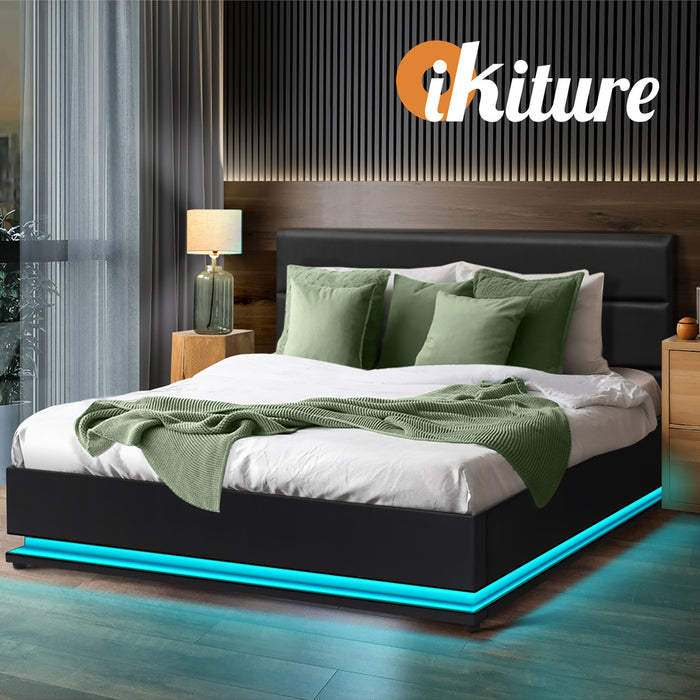 Rgb Led Bed Frame King Size Gas Lift Base With Storage Black Leather