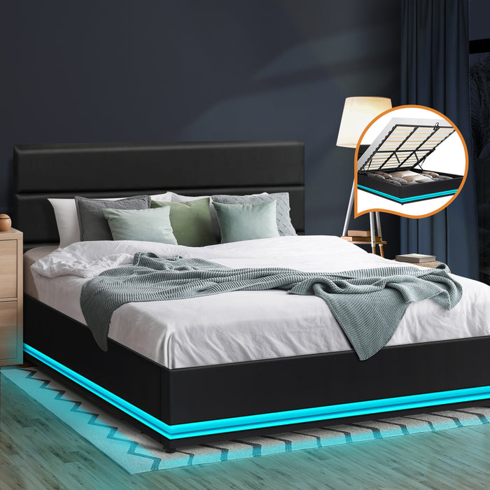 Rgb Led Bed Frame King Size Gas Lift Base With Storage Black Leather