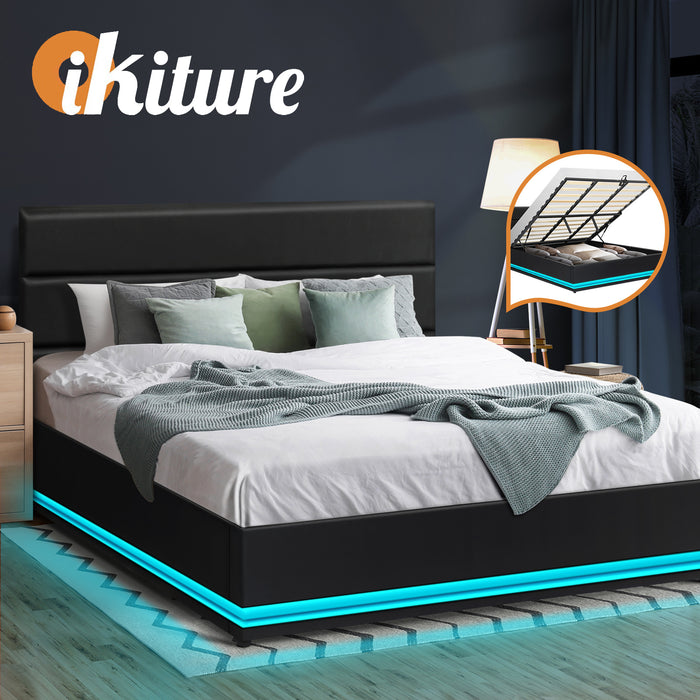 Rgb Led Bed Frame King Size Gas Lift Base With Storage Black Leather