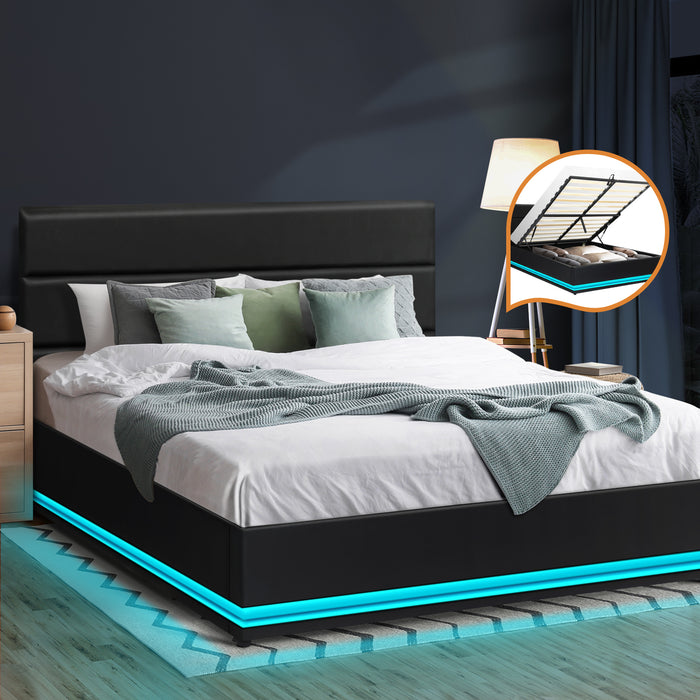 Bed Frame Double Size Rgb Led Gas Lift Base With Storage