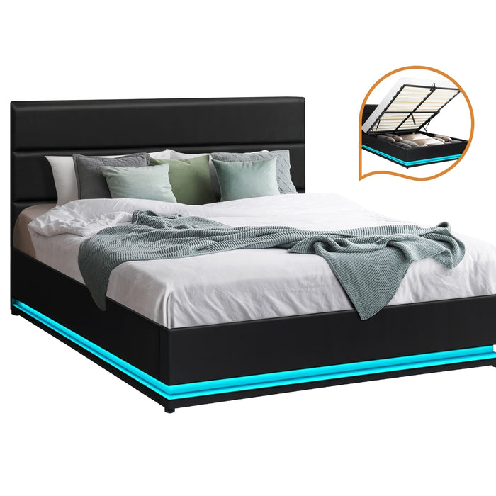 Bed Frame Queen Size Rgb Led Gas Lift Storage Base Black