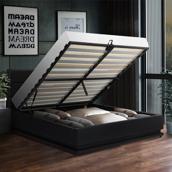 Rgb Led Bed Frame Queen Size Gas Lift Base With Storage Black Leather