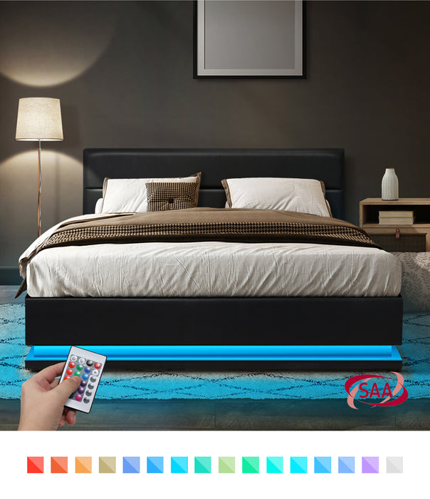 Rgb Led Bed Frame Queen Size Gas Lift Base With Storage Black Leather