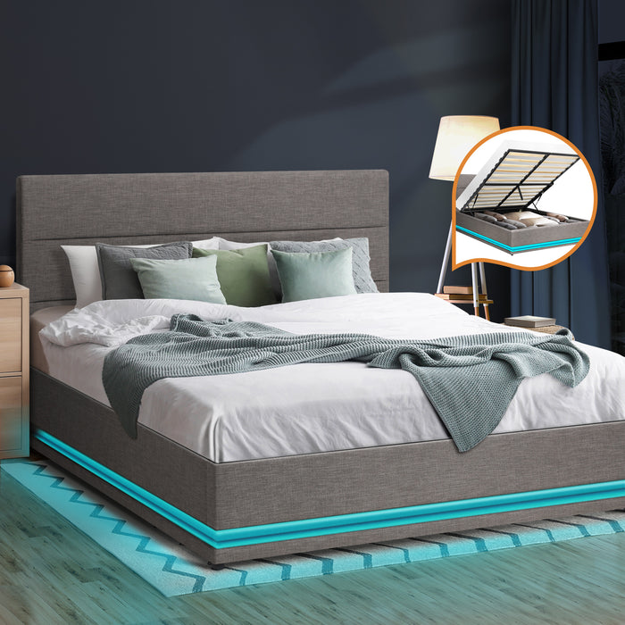 Bed Frame Queen Size Rgb Led Gas Lift Base Storage Grey