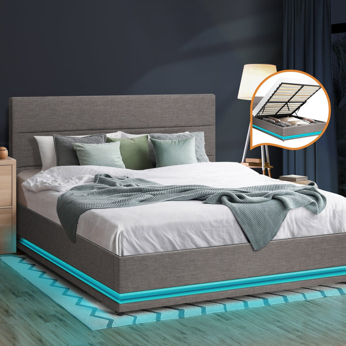 Bed Frame Queen Size Rgb Led Gas Lift Storage Base Grey