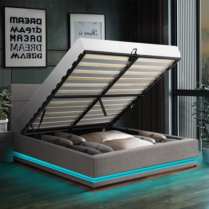 Bed Frame Queen Size Rgb Led Gas Lift Storage Base Grey