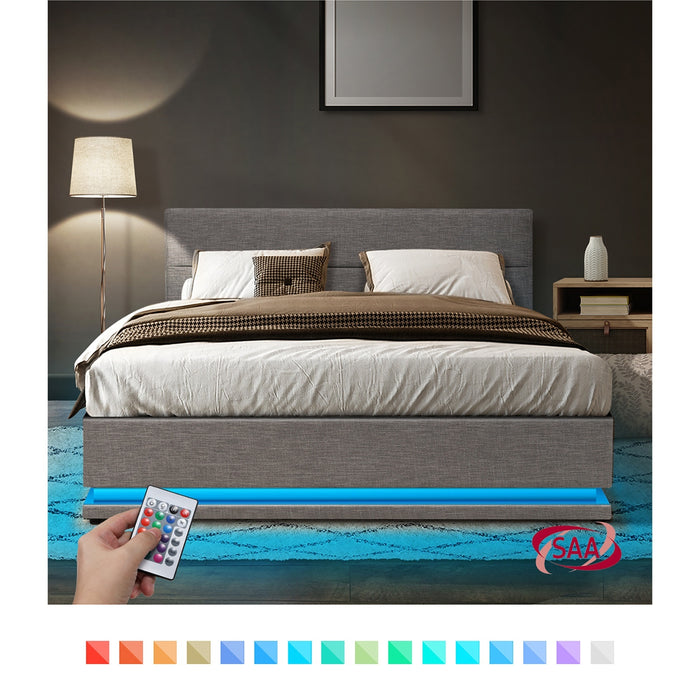 Bed Frame Queen Size Rgb Led Gas Lift Storage Base Grey