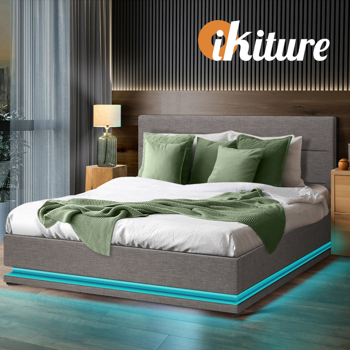 Bed Frame Queen Size Rgb Led Gas Lift Storage Base Grey