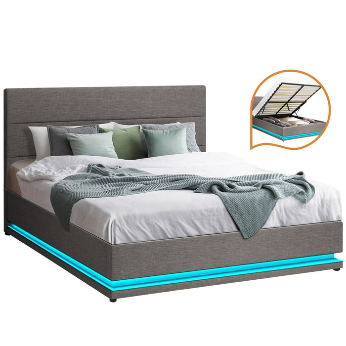 Bed Frame Queen Size Rgb Led Gas Lift Storage Base Grey