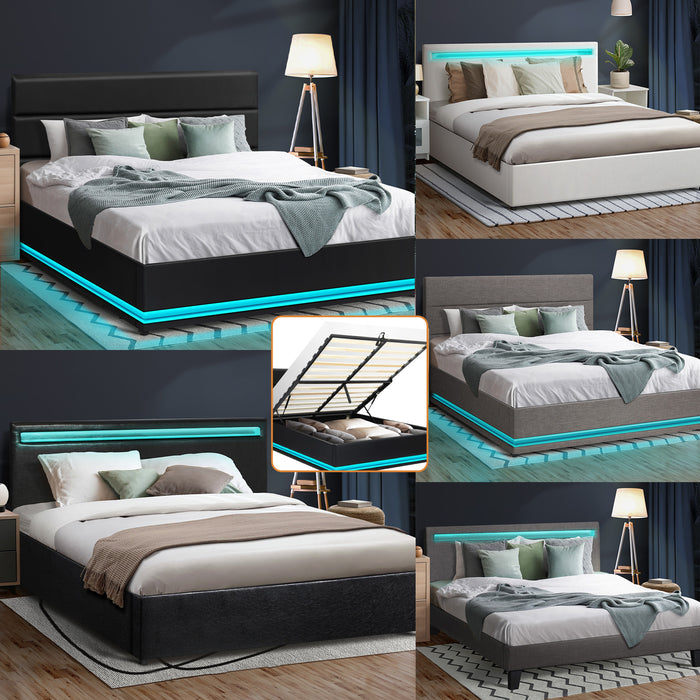 Bed Frame Queen Size Rgb Led Gas Lift Storage Base