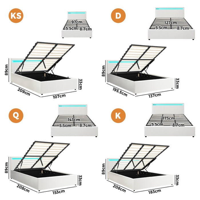 Bed Frame Queen Size Rgb Led Gas Lift Storage Base