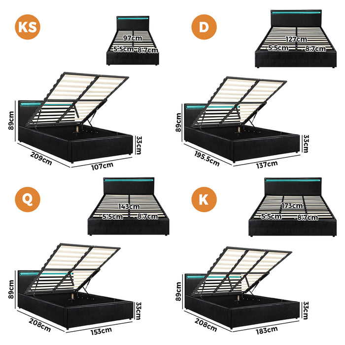 Bed Frame Queen Size Rgb Led Gas Lift Base Storage Black