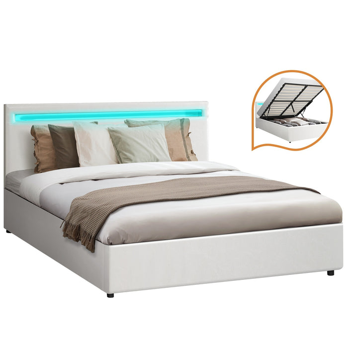 Bed Frame Double Rgb Led Gas Lift Base Storage White