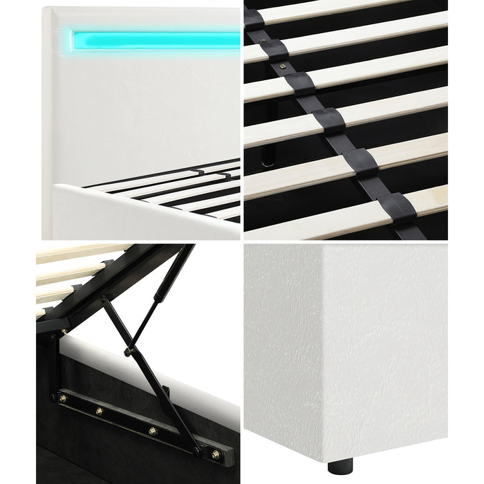 Bed Frame Double Rgb Led Gas Lift Storage Base White