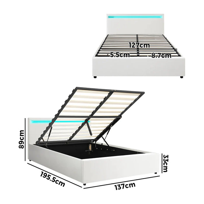 Bed Frame Double Rgb Led Gas Lift Storage Base White