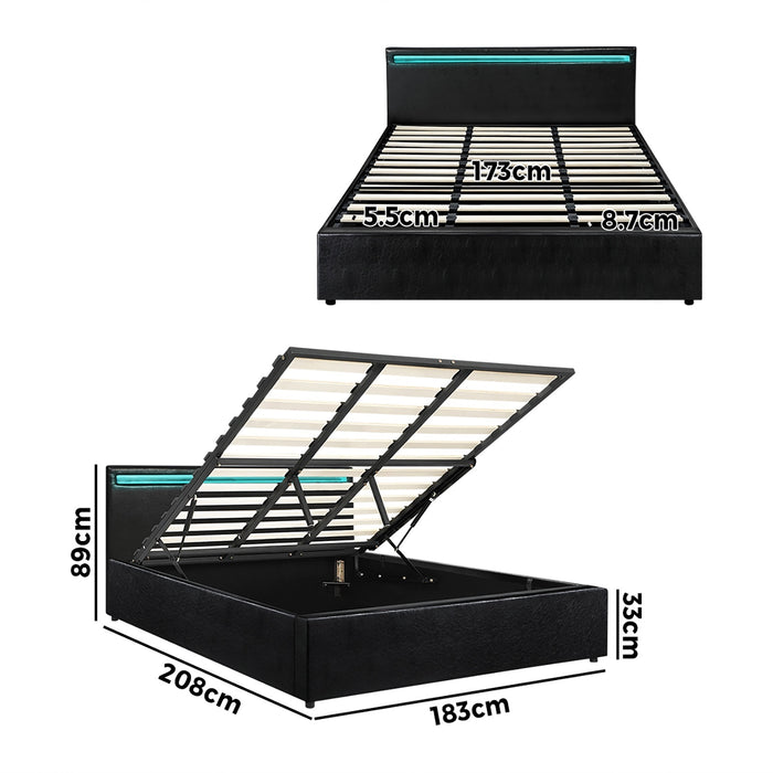 Bed Frame King Size Rgb Led Gas Lift Base Storage Black