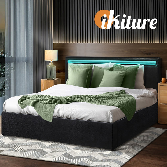 Bed Frame King Size Rgb Led Gas Lift Storage Base Black