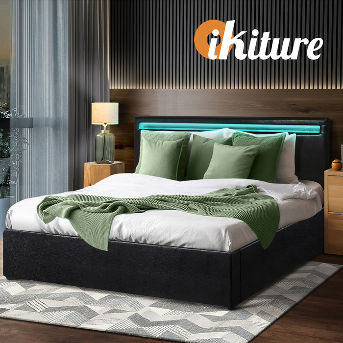 Bed Frame King Size Rgb Led Gas Lift Base Storage Black