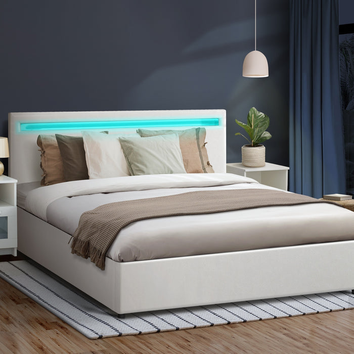 Bed Frame King Size Rgb Led Gas Lift Storage Base White