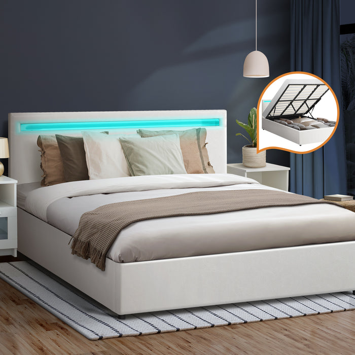 Bed Frame King Size Rgb Led Gas Lift Base Storage White