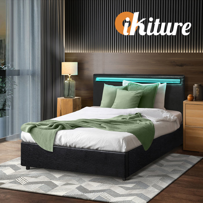 Bed Frame Rgb Led King Single Size Gas Lift Storage Base Black