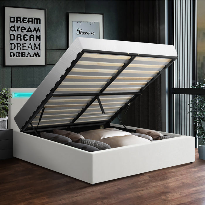 Bed Frame King Single Rgb Led Gas Lift Storage Base White
