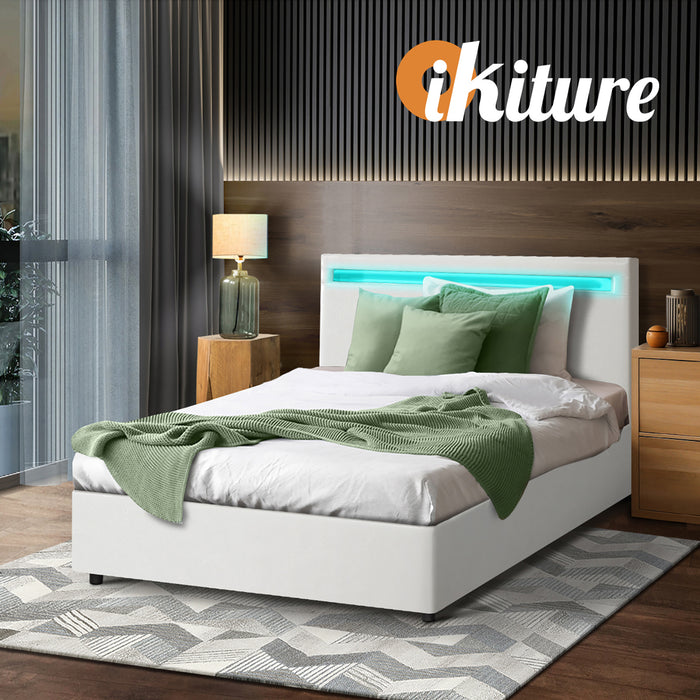 Bed Frame King Single Rgb Led Gas Lift Storage Base White
