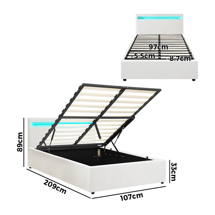 Bed Frame King Single Rgb Led Gas Lift Storage Base White