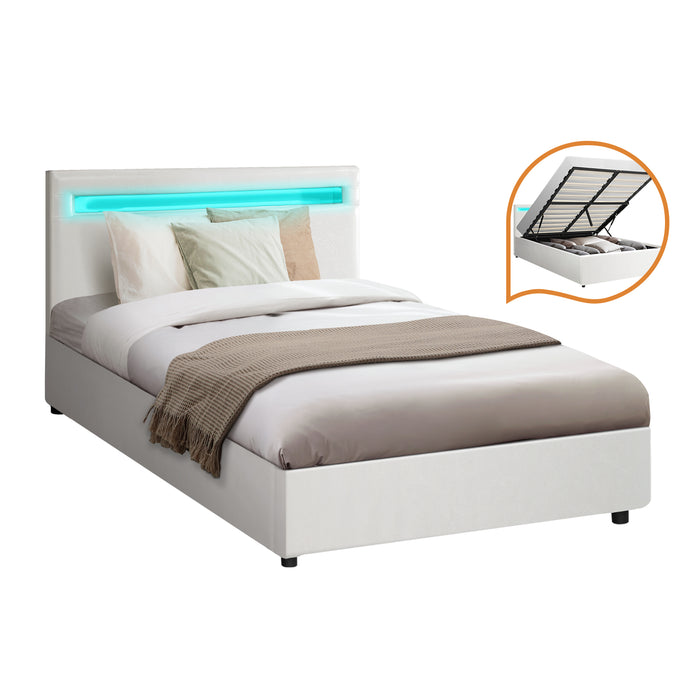 Bed Frame King Single Rgb Led Gas Lift Storage Base White