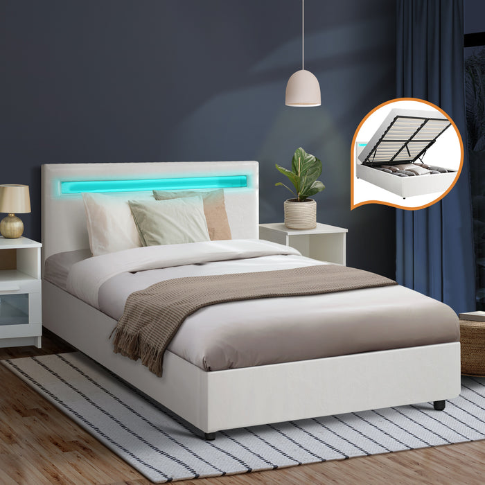 Bed Frame King Single Rgb Led Gas Lift Storage Base White