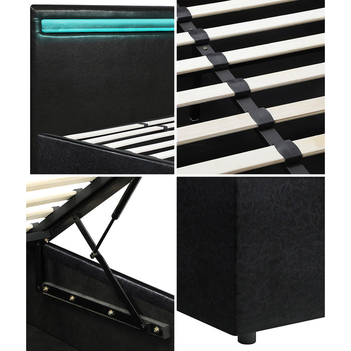 Bed Frame Rgb Led Queen Size Gas Lift Storage Base Black