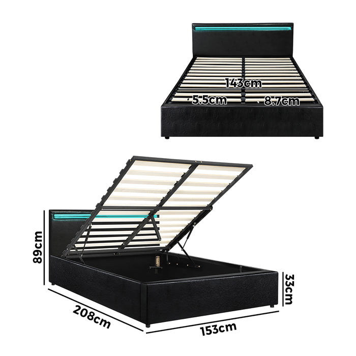 Bed Frame Rgb Led Queen Size Gas Lift Storage Base Black