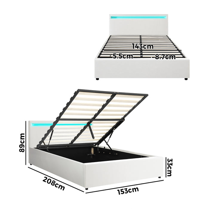 Bed Frame Queen Size Rgb Led Gas Lift Storage Base White