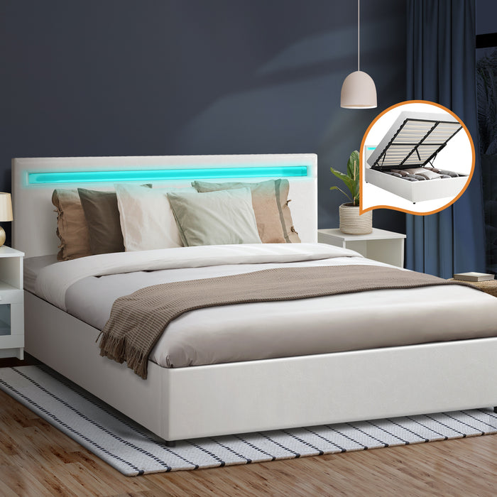Bed Frame Queen Double King Single Rgb Led Gas Lift Base Storage White
