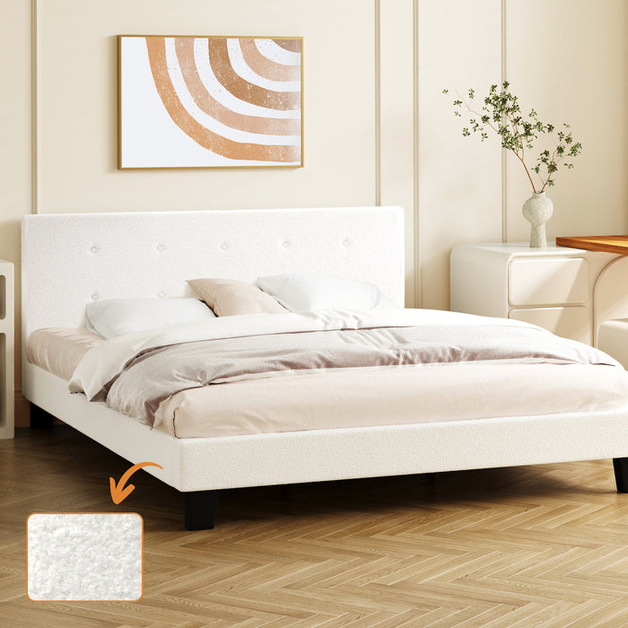 Bed Frame Double Size Bed Platform White Boucle