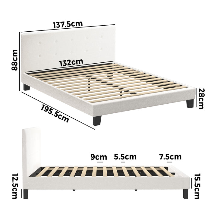 Bed Frame Double Size Bed Platform White Boucle