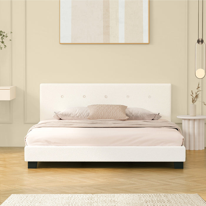 Bed Frame Queen Size Bed Platform White Boucle
