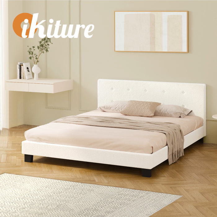 Bed Frame Queen Size Bed Platform White Boucle