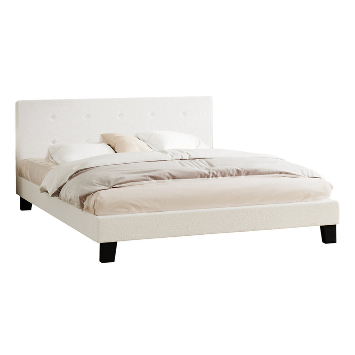 Bed Frame Queen Size Bed Platform White Boucle