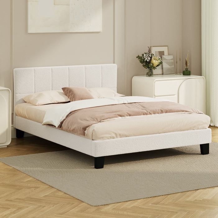 Bed Frame Queen Size Base White Boucle Tofu