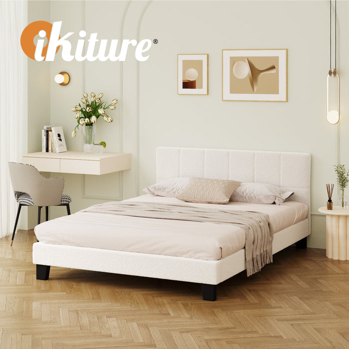 Bed Frame Queen Size Base White Boucle Tofu