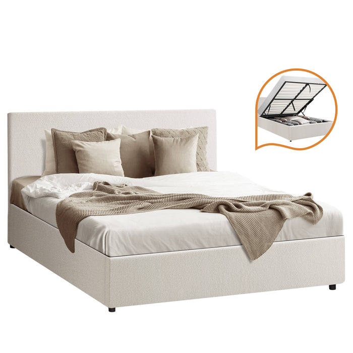 Bed Frame Double Size Gas Lift Base With Storage White Boucle
