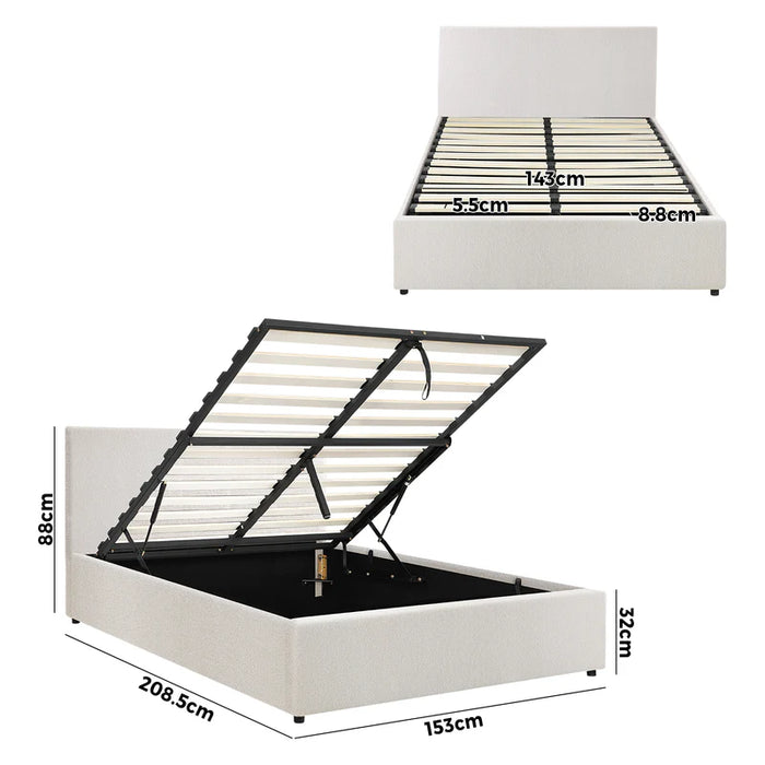 Bed Frame Queen Size Gas Lift Base W / Storage Boucle