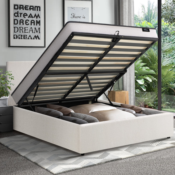 Bed Frame Double Size Gas Lift Boucle Beds With Mattress Set